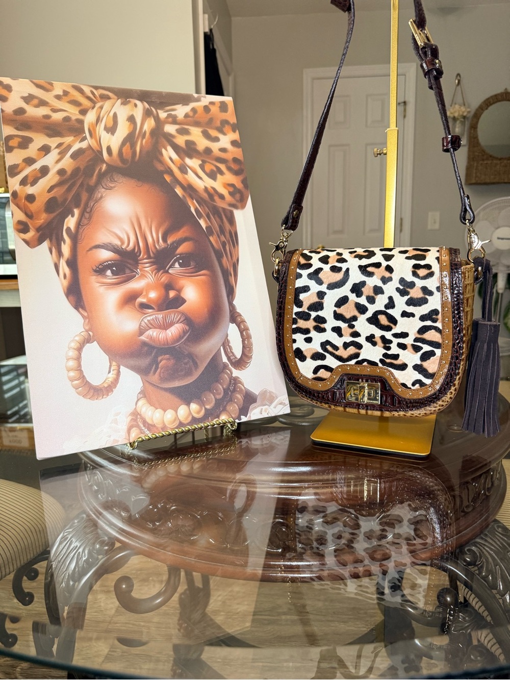 Brahmin Leopard Calf hair Crossbody — Brown, Black & Cream (rub on fur on back)